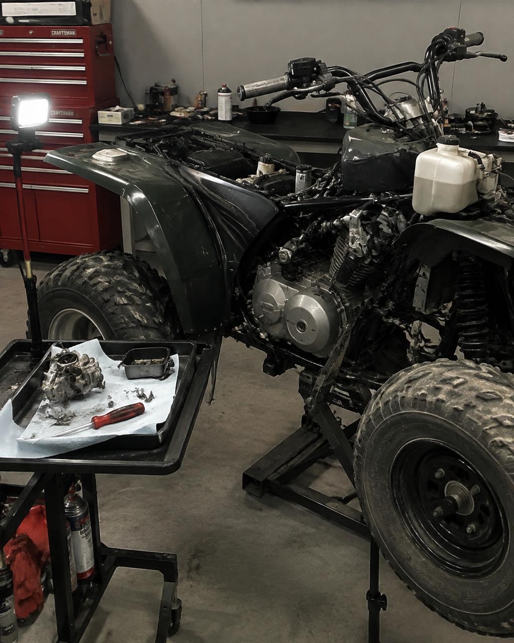 Quad on the stand with its carburetor out for rebuild.