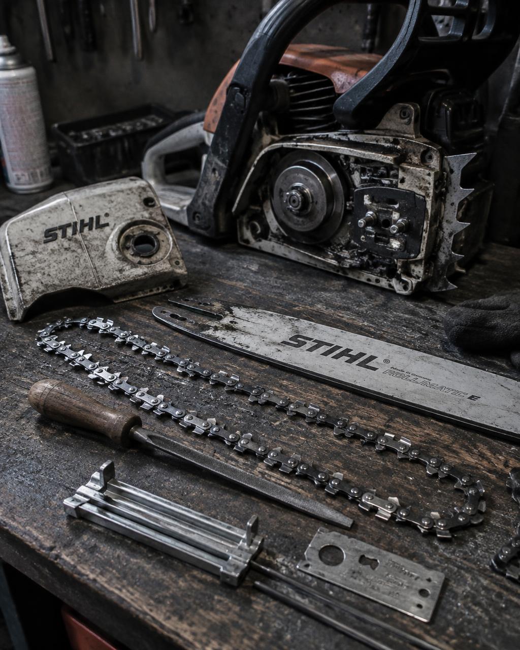Chainsaw torn down with a freshly sharpened chain.