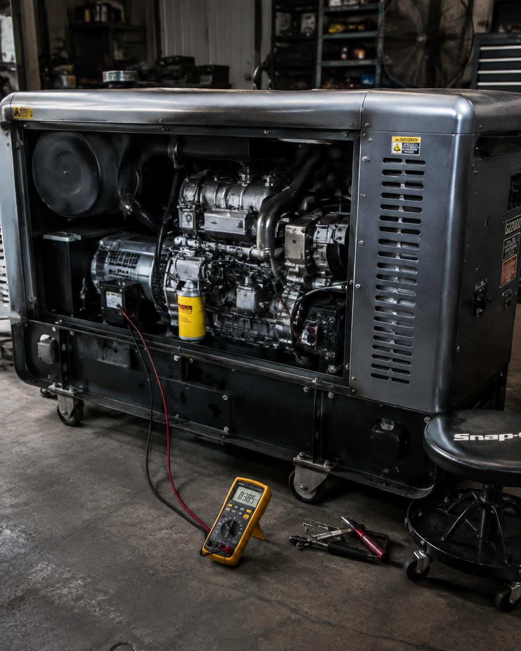A generator opened up for electrical testing and service.