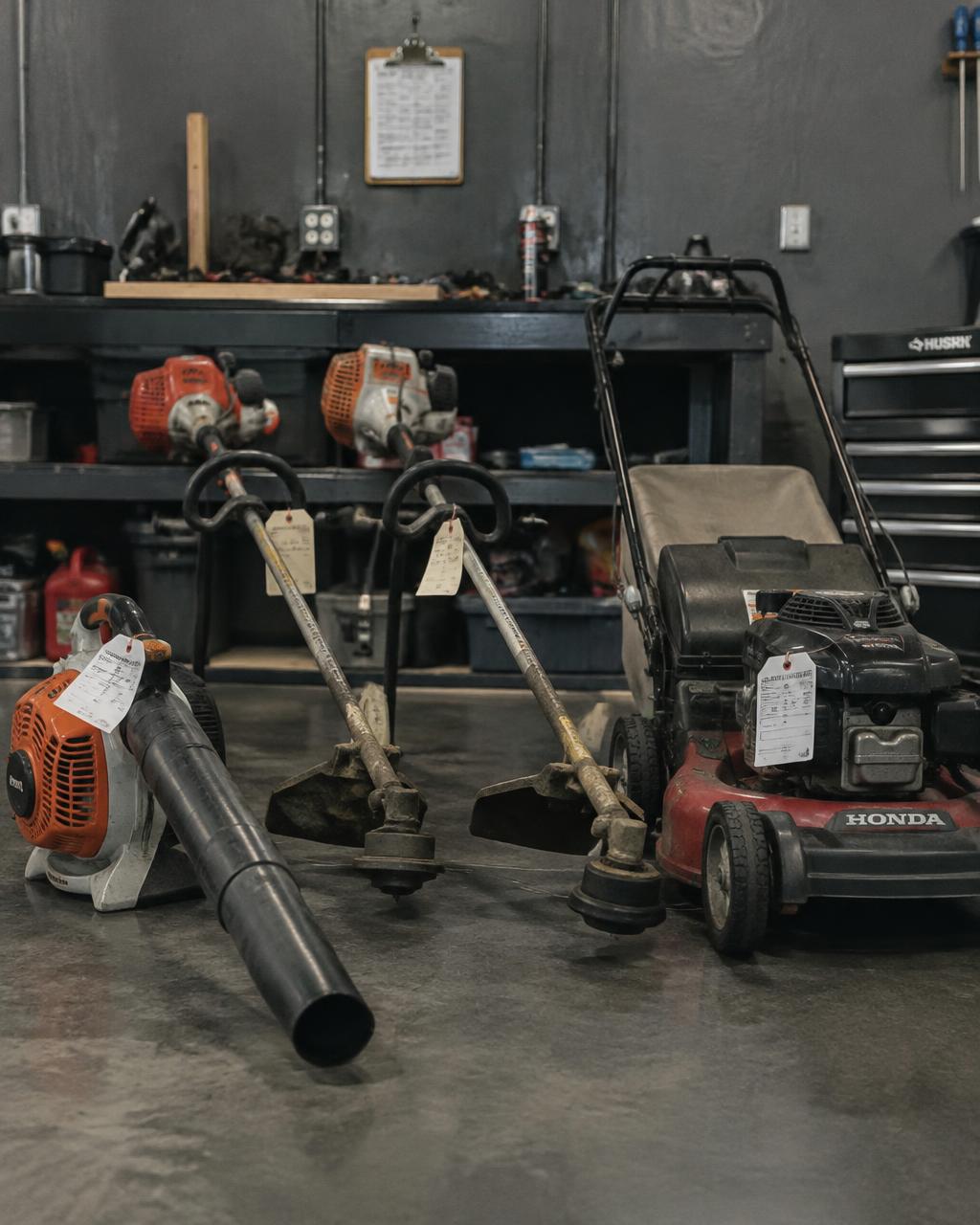 Repaired lawn equipment tagged and ready for customer pickup