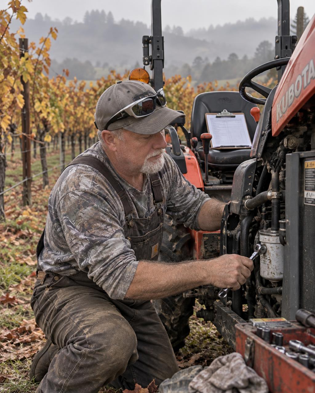 Thomas Shulte servicing a compact tractor between vineyard rows