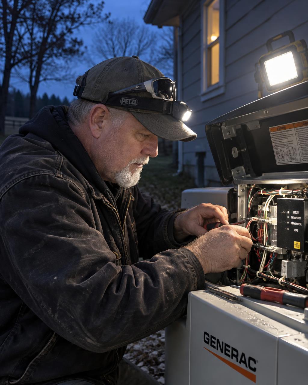 Thomas Shulte working on a standby generator at dusk with a headlamp