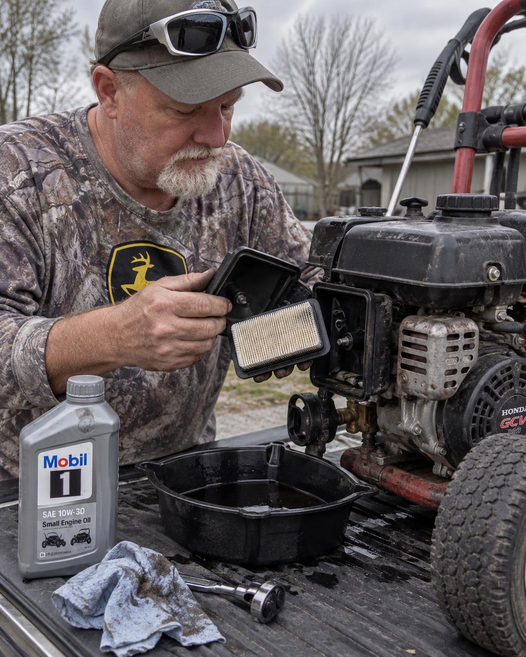 Thomas Shulte replacing the air filter on a pressure washer engine