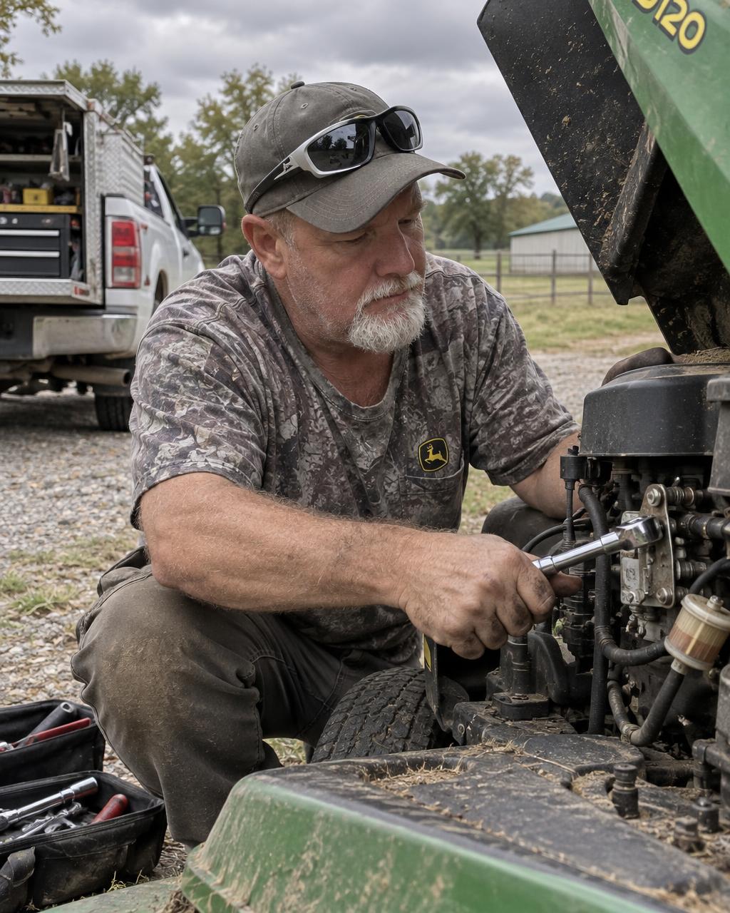 Thomas Shulte repairing a riding mower engine at a customer's property