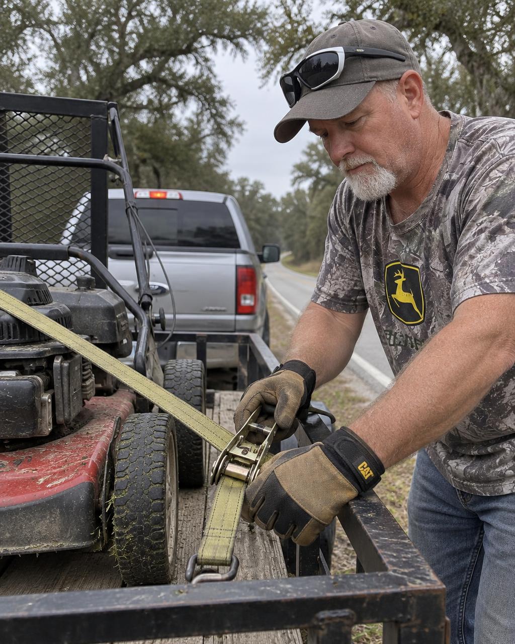 Thomas Shulte strapping a push mower onto a utility trailer