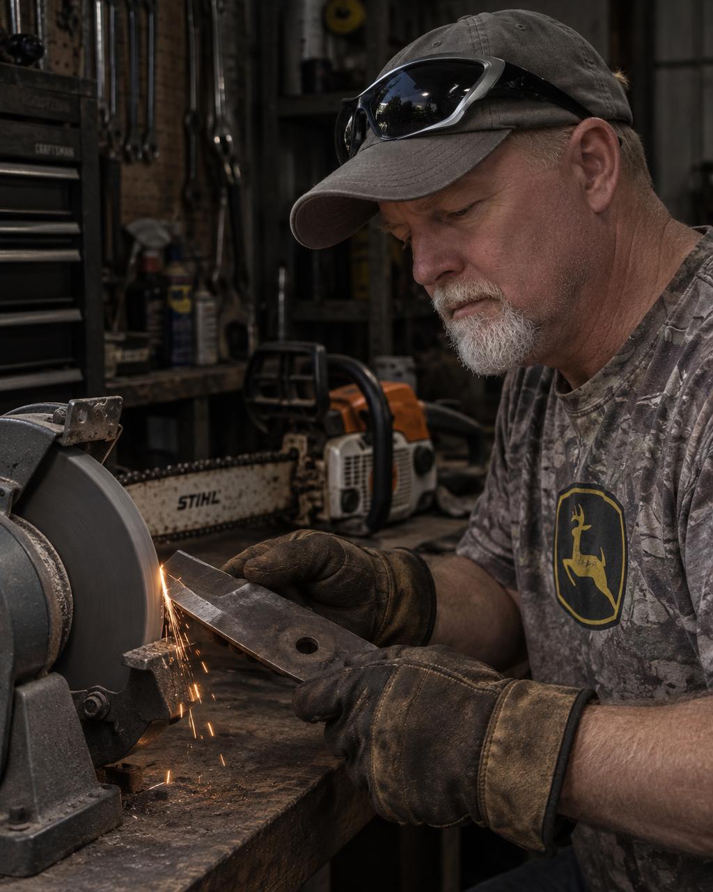 Thomas Shulte sharpening a mower blade on a bench grinder