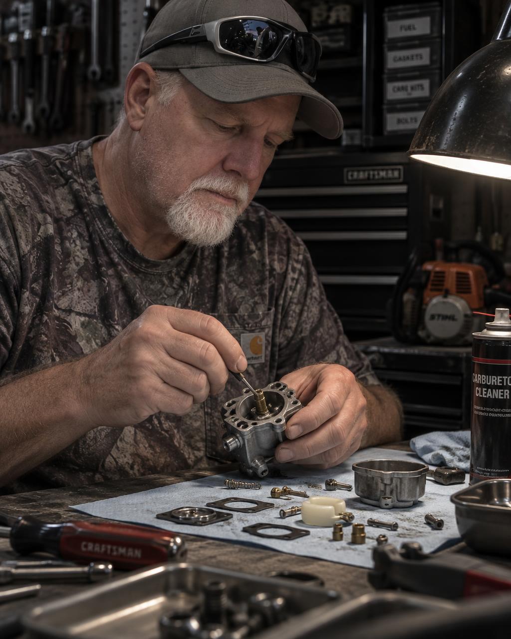 Thomas Shulte rebuilding a small engine carburetor at his workbench