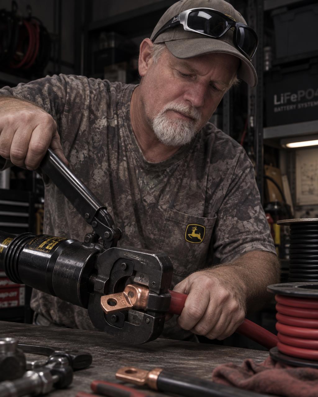 Thomas Shulte crimping a lug onto a custom battery cable